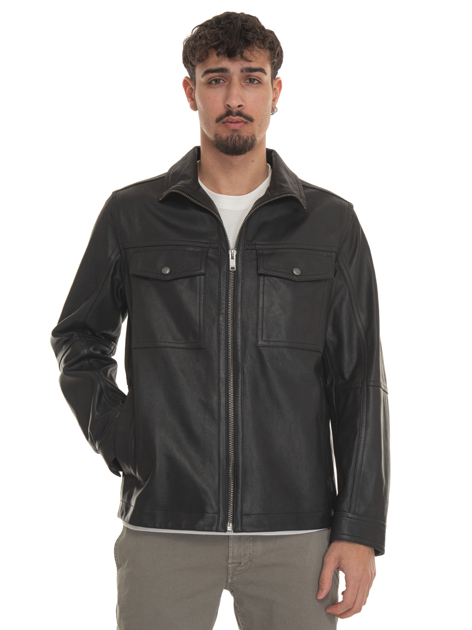 Hugo Boss Jonova1 Leather Harrington Jacket In Black